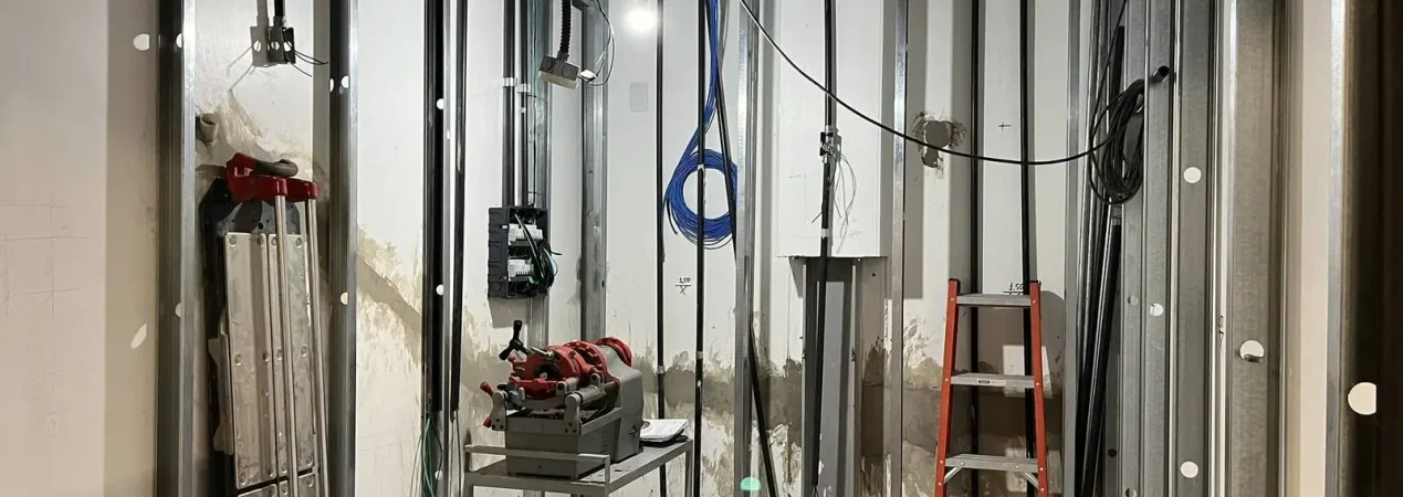 Obra comercial em execução em Rio Branco, Acre: estrutura de drywall, instalações elétricas e de dados